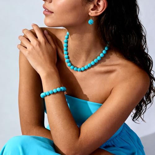 Gemstone Beaded Necklace for Women, Trendy 18K Gold Plated Hematite Natural Stone Bead Choker, Boho Handmade Summer Beach Necklaces for Women Everyday Western Jewelry Gifts - color: 03-Turquoise