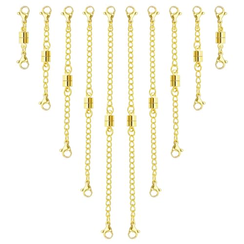 OHINGLT Necklace Extender Magnetic Clasps Chain Extenders for Necklaces,Gold and Silver Magnetic Necklace Clasps and Closures with Bracelet Extension - color: 10Pcs Gold