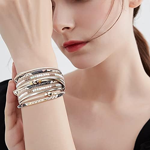 Wowanoo 3Pack Leather Cuff Bracelet Set Multilayer Wrap Bracelet Crystal Feather Tree Bracelet Magnetic Clasp Bracelet for Women