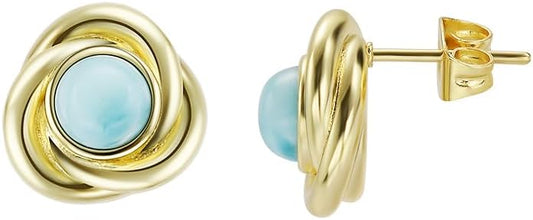 Larimar Stone Stud Earrings for Women, Gold Plated Brass