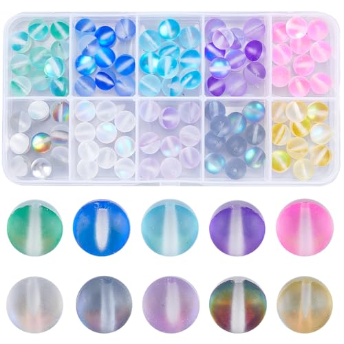 1 Box 100Pcs 8mm Moonstone Glass Bead Bulk Matte Crystal Beads Frosted Colorful Mermaid Round Glitter Shiny Aurora Loose Spacer for Bracelets Jewelry Making DIY Crafts Supplies
