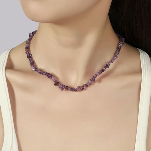 Raw Crystal Necklaces for Women 5-8mm Handmade Natural Stone Necklace Beaded Choker Necklace Healing Crystal Necklace Gemstone Necklace Raw Crystal Beaded Necklace for Her - style: Amethyst