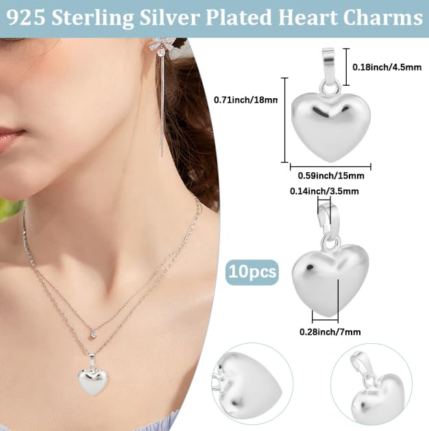 Beebeecraft 10Pcs Puffy Heart Charms, Small 0.6in 925 Sterling Silver Plated Brass Metal Love Heart Shaped Charms for Bracelet Earrings Jewelry Making - color: Silver, size: 15x18x7mm