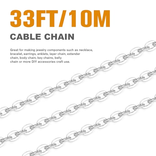 33 Feet Silver Cable Chains Roll, 2MM Silver Plated Brass Flat Cable Link Chain Spool Bulk for Jewelry Making DIY Craft - color: 2.0mm silver cable chain