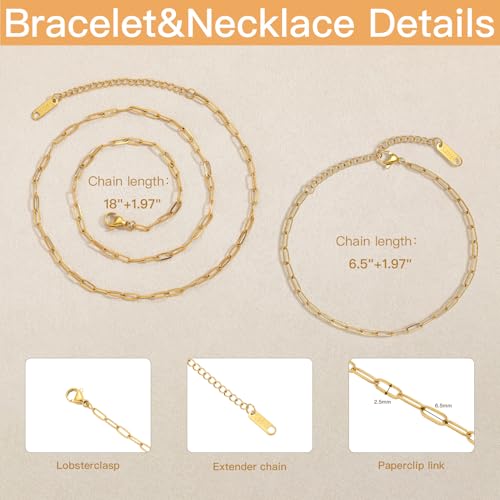 20 PCS Paperclip Chain Bracelet Necklace Kit Stainless Steel Charm Bulk Chains with Extender for DIY Jewelry Making Supplies Accessories (Gold + Steel - color: 2.5x6.5mm Gold Silver