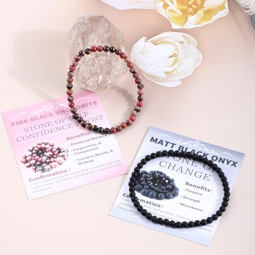 NCB 2.3-Piece 4mm Natural Crystal Gemstone Stretch Bracelets – Handmade Reiki Energy Healing Jewelry for Meditation,Yoga, Unisex - color: 2PCS ( Pink black Rhodonite+Matte Black Agate ), size: 4mm