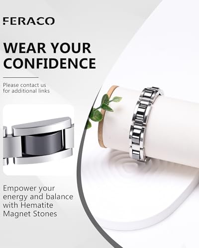 Feraco Mens Magnetic Bracelets, Classic Balck Titanium Stainless Steel Bracelet with Natural Hematite Magnet Stones,Men's Jewelry Gifts, 8.66 inch - color: Silver