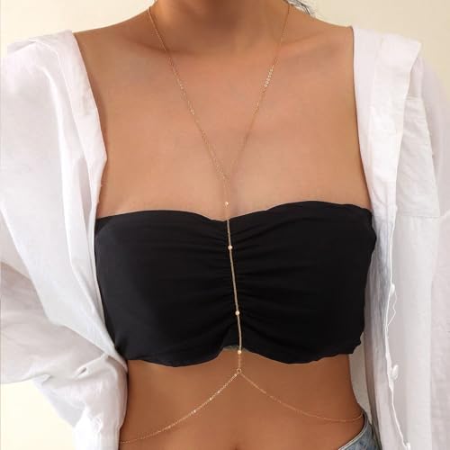 Body Chain,Body Jewelry for Women,Sexy Layered Chest Chain,Layered Adjustable Waist Jewelry for Beach Accessories,Gold Plated Waist Chains - color: Gold-E