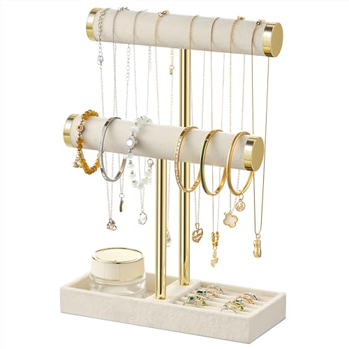 bussdis 2 Tier Bracelet Holder Display - Detachable T Bar Beige Velvet Bracelet Holder, Jewelry Holder Organizer for Bracelet, Necklace, Earrings, Rings - color: Beige