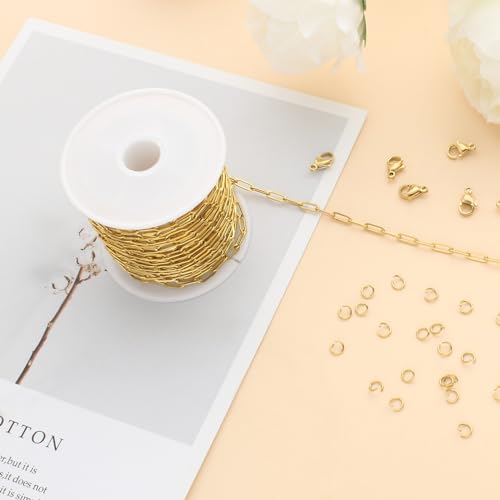 Kyutong 5M Gold PVD Plated Necklace Chain for Jewelry Making 304 Stainless Steel Paperclip Chain Roll with Lobster Clasps and Jump Rings for Men Women Making Jewelry Craft Support Jewelry Findings - color: 3mm Paperclip Gold