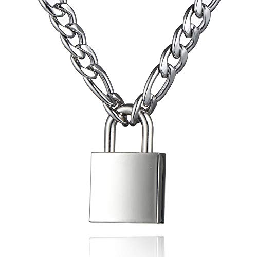 DIBOLA Padlock Necklace Stainless Steel Lock Chain for Men Women Silver 18-24 inch - color: Silver1