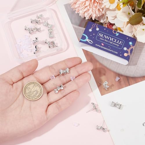 SUNNYCLUE 1 Box 20 Sets 925 Sterling Earring Studs with Loop Earring Posts Findings Silver Rhinestone Bowknot Ear Post Stud with Hole Bulk for Jewelry Making Accessories DIY Crafts Supply - style: Bow 1