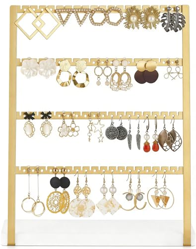 Mkono 4-Tier Earring Holder Organizer Stands Gold Metal Jewelry Display Rack for Hanging 74 Pairs of Earrings and Ear Studs, Gifts for Women and Girls