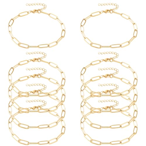 Exway 10 Pcs Paperclip Charm Bracelets Chain 8.0 Inch Stainless Steel Gold Chain Bracelets Kit with Lobster Clasps for Crafts DIY Women Jewelry Making - color: gold style B, size: 8.0in