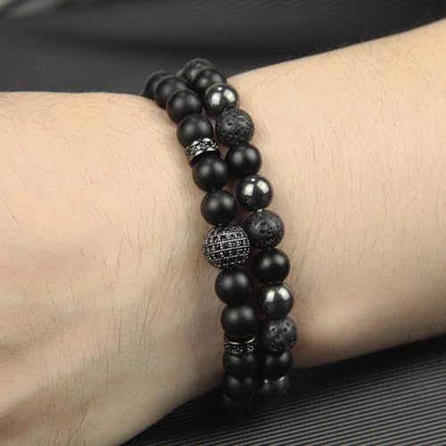 Black Obsidian Bracelet for Men - Black Tourmaline Beaded Bracelets - Mens Bracelet Set 8MM Black Onyx Hematite Lava Stone Beads Triple Protection Bracelet for Men Women Gifts