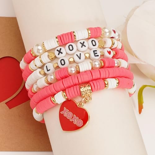 6PCS Valentine’s Day Clay Heishi Bracelet Set for Women- Red Pink Heart Love KISS XOXO Beaded Stretch Bracelets - Handmade Polymer Clay Crystal Glass Stackable Jewelry Gift for Galentine's Anniversary - color: LOVE-06