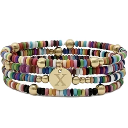Set of 4 Colorful Bead Initial Bracelets, Personalized Stackable Jewelry, Adjustable Stretchy Charm Bracelets for Women, Beaded Bracelet Set, Trendy Custom Jewelry Gift - style: Colorful Bead - X