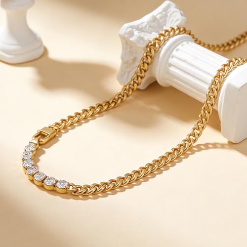 Roe Dolph Tennis Necklace for Women, Gold Choker Chain Necklace with Chunky Cuban Link and Stone-Look Tennis Chain, Fashion Necklace for Women