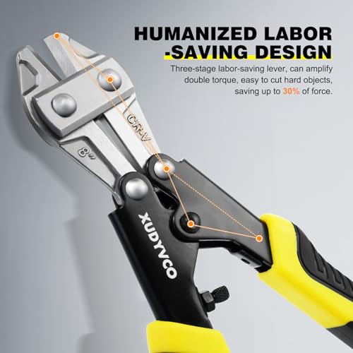 XUDYVCO Mini Bolt Cutters, Premium 8IN Heavy Duty Wire Cable Cutters with Non-Slip Handle, Multi-Function Wire Snips Pliers Clippers with Labor-Saving Spring Loaded for Chain Mesh Screw Fence Rivets