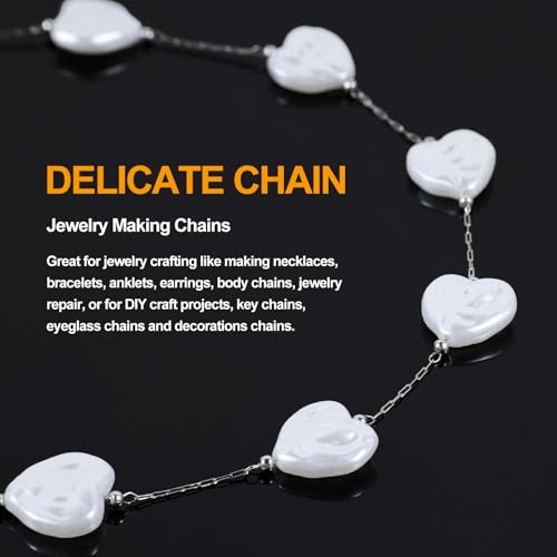 KYUNHOO 9.8 Feet Thin Paperclip Links Silver Stainless Steel Jewelry Chain on Spool Heart Necklace Imitation Pearl Chains for Making Crafts Finding Jewelry Supplies - color: Heart Silver