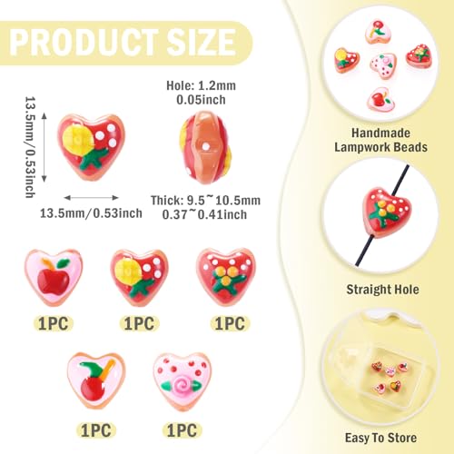 Beadthoven 5Pcs Heart Shaped Lampwork Beads Heart with Fruits Glass Crystal Bead Charm Apples Pineapple Cherry Orange Handmade Crystal Craft Spacers for Jewelry Making Bracelet Earrings DIY Supplies - color: Heart with Fruit
