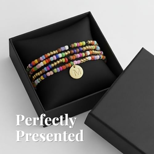 Set of 4 Colorful Bead Initial Bracelets, Personalized Stackable Jewelry, Adjustable Stretchy Charm Bracelets for Women, Beaded Bracelet Set, Trendy Custom Jewelry Gift - style: Colorful Bead - M