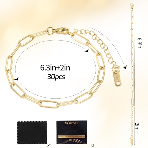Wurosi 30PCS Paperclip Charm Bracelets Chain for Jewelry Making,6.3Inch 18K Gold Plated Bracelet Chain DIY Charm Bracelet Kit with Lobster Clasps(Gold) - color: Bracelets 30pcs Gold