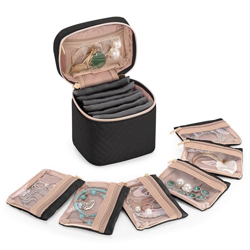 Teamoy Mini Jewelry Organizer with 6 Small Jewelry Bags, Travel Jewelry Storage Box for Necklaces, Rings, Earrings, Bracelets, Quilted Black - color: Black