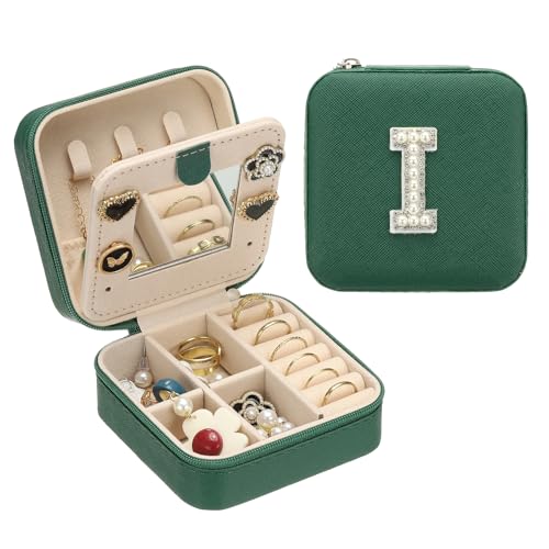 PATIKIL Travel Jewelry Case, I Initial Small Travel Jewelry Box Organizer Rings Earrings Storage Case Personalized Gifts for Women Girls Birthday Christmas Bridesmaid Gifts, Dark Green - style: I