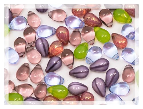 Czech 60-Piece (25g) Glass Beads Mix, 6x9mm, Teardrop Opal Green Silk Dirty Lavender Violet - color: Mix - Green Silk Lavender - Small Pack