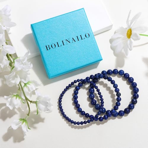3Pcs Natural Healing Crystal Bracelets for Women Men, 4mm 6mm 8mm Beaded Stretch Bracelet Set, Black Tourmaline Natural Stone Gemstone Jewelry Gifts for Meditation, Reiki & Yoga - color: Lapis Lazuli