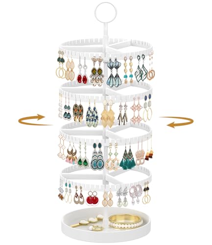 MODOWEY 4 Tier Rotating Earring Holder Organizer Display Tree with Metal Tray, Adjustable Plastic Stand with 228 Slots for Stud Hoop Hanger, Large Capacity Storage Rack for Women Space Saving, White - color: Cloud White