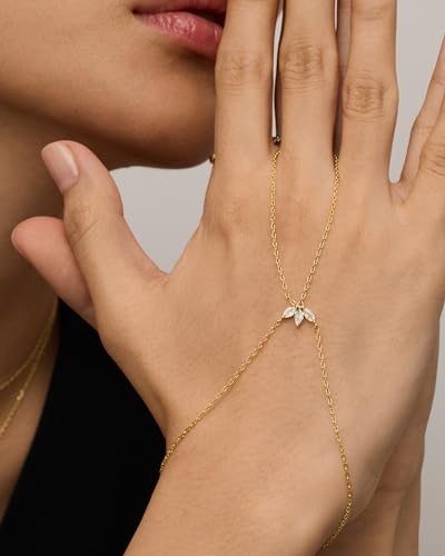 PAVOI 14K Gold Plated Hand Chains for Women - Adjustable Hand Chain Bracelet and Ring - Trendy Gold Handchain Bracelet Stack Summer Jewelry - Beads, Pearl, and Cubic Zirconia Body Jewelry - style: Marquise