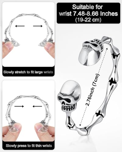Stainless Steel Cuff Bracelet,Retro Gothic Punk Biker Cool Open Adjustable Cuff Bangle Bracelets Jewelry for Men Silver - style: Skull Bone