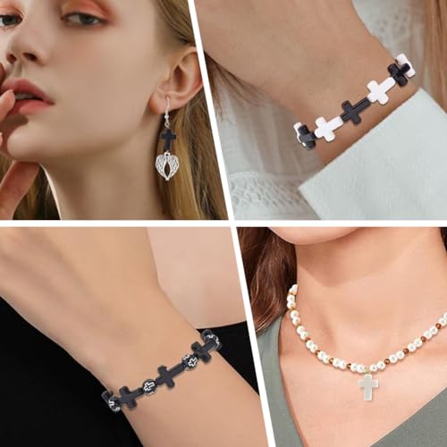 SUNNYCLUE 1 Box 100Pcs Cross Beads Bulk Black White Stone Cross Bead 16x12mm Synthetic Turquoise Gemstone Mini Small Pocket Crosses Easter Holiday Loose Spacer Beads for Jewelry Making Beading Kits - color: 100pcs 12x16mm Black White Cross Beads