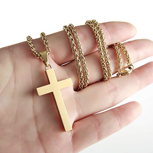 P. BLAKE Stainless Steel Cross Pendant Necklace for Men Boys, Christian Cross Pendant with 16-24 Inches Chain Cross Necklace Jewelry Gifts - size: 20 inches, style: Gold Pendant 1.7*0.9