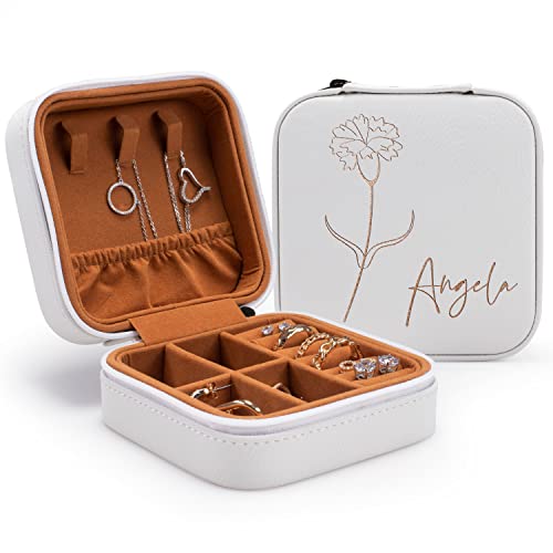 Custom Leather Jewelry Box w/Name & Birth Flower Month - Birthday Gifts for Women, Personalized Jewelry Travel Case - Customized Jewelry Organizer Box, Mom Birthday Gifts - White - color: White