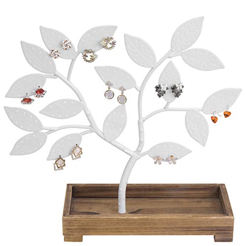 MyGift Earring Storage Rack Organizer, White Metal Jewelry Tree, Necklace and Bracelet Hanger with Wooden Ring Tray Trinket Holder - Holds 68 Pairs of Earrings - color: White