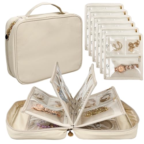 Travel Jewelry Organizer Case,Jewelry Bags Jewelry Storage Book Binder with Clear Zipper Velvet Pouch for Traveling,Earrings, Rings, Necklace, Bracelet (White) - color: Beige