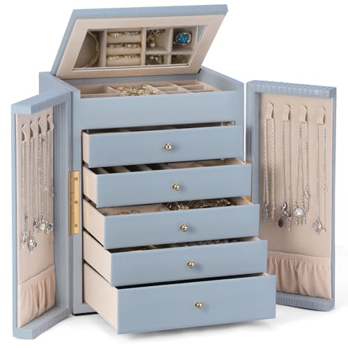 Dajasan Large Jewelry Organizer Box, 6-Tier Jewelry Storage Case with 5 Drawers, Jewelry Boxes for Women Girls with Mirror, Double Door, Textured PU Leather, Gift Idea, Stylish (Blue + Gold) - color: Smoky Blue