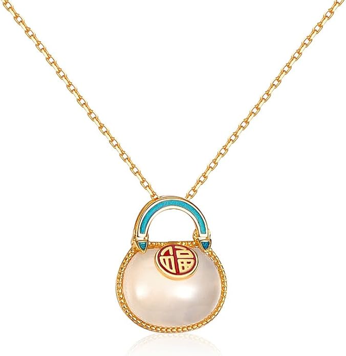 14K Gold Real Natural Jade Enamel Fortune Bag Necklace, Unique Vintage Style Jade Pendant, Delicate Jade Jewelry Gift for Wife's Prosperity