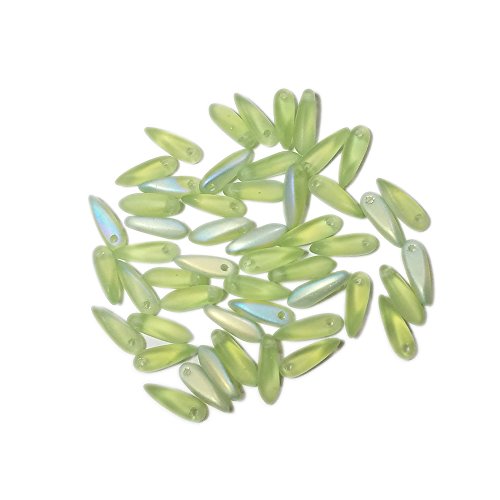50 Czech Glass Beads Frosted Peridot Dagger with AB Finish, 3x11mm, Translucent, Kumihimo Bead,