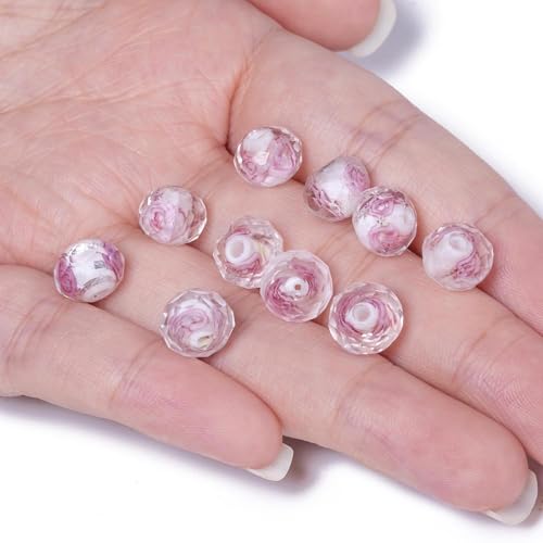 7.5×10mm 50pcs White Pink Flower Faceted Lampwork Glass Beads for Jewelry Making, Flat Round Handmade Murano Beads for Bracelets, Crafts, Friendship Bracelet Kit, Rosary Making - color: White Pink Flower
