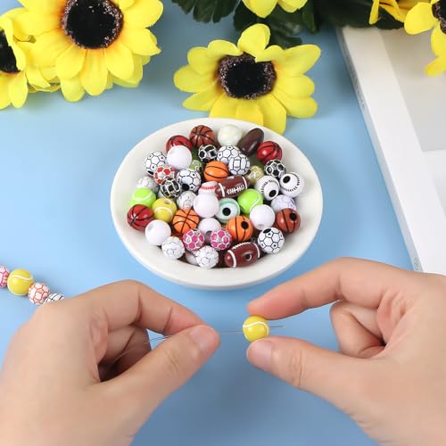 100 Pcs Sports Ball Beads Bulk with 5.5 Yard Elastic Rope,Acrylic Softball American Football Basketball Volleyball Baseball Tennis Beads for DIY Bracelet Necklace Keychain Jewelry Making Accessories - color: Mixed