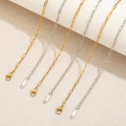 20 PCS Paperclip Chain Bracelet Necklace Kit Stainless Steel Charm Bulk Chains with Extender for DIY Jewelry Making Supplies Accessories (Gold + Steel - color: 2.5x6.5mm Gold Silver