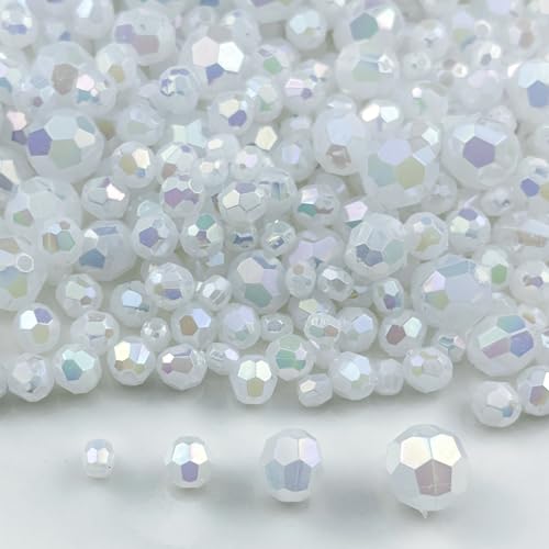 1800pcs Acrylic Faceted Round Beads 4mm 6mm 8mm 10mm AB Colors Glossy Acrylic Round Spacer Beads with Hole for DIY Bracelet Necklace Jewelry Making Supplies Handmade Craft(White AB) - color: White AB