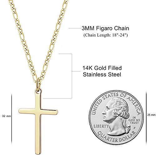 Joxevyia 14K Gold Filled Cross Necklace for Men Figaro Chain Stainless Steel Polished Cross Pendant Necklace Simple Baptism Faith Jewelry Gift - size: 20 inches, style: Big cross pendant(1.2"*0.7")