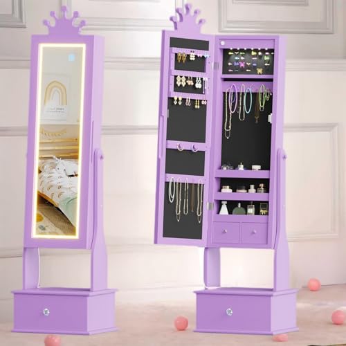 Kids Jewelry Armoire Cabinet with Full-Length Mirror, 46" Jewelry Armoire with Led Light, Kids Jewelry Organizer with 3 Storage Drawers, Kids Vanity Dress Up Mirror Jewelry Cabinet for Girls(Purple) - size: purple