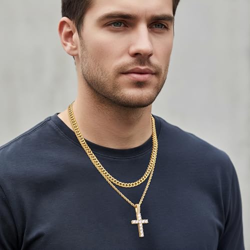 Fiusem Layered Cross Necklace for Men, Silver Tone/14K Gold Plated Mens Necklace Chain with Cubic Zirconia Cross Pendant, Stainless Steel Cuban and Rope Chain - color: Gold, size: 20/22 inches