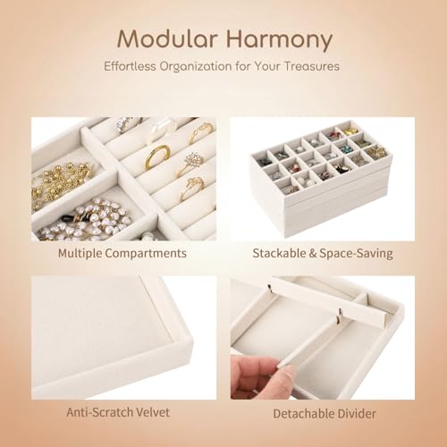8 Pcs Jewelry Drawer Organizers, Velvet Jewelry Trays for Drawer, Stackable Jewelry Trays, Ideal for Rings, Earrings, Bracelets, Necklaces, Beige - color: Beige